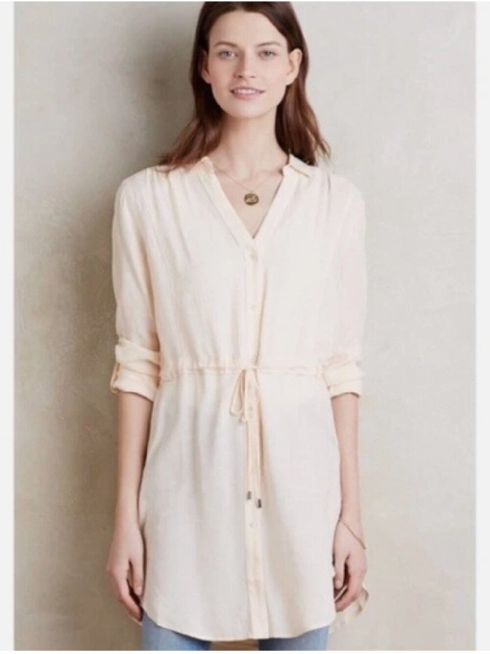Anthropologie HD Paris Carmina Tunic‎ Shirt Dress Small Ivory Roll Sleeve Size M
